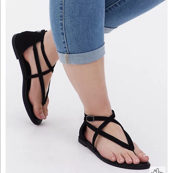 torrid Shoes - Black Faux Suede T-Strap Torrid Sandal